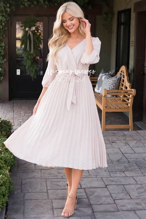 Creamy Beige Pleated Modest Dress Best Online Boutique Neesees