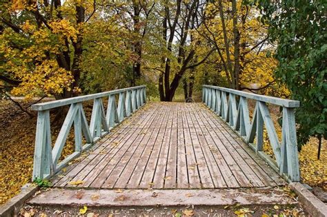 Bridge In Autumn Forest Digital Painting Of Wooden Bridge In Autumnal