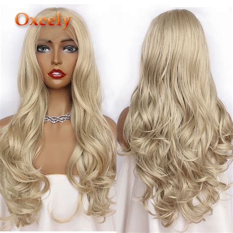 Oxeely White Blonde Wavy Synthetic Lace Front Wigs Glueless Long Hair