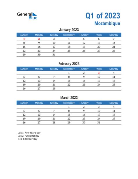 Q1 2023 Quarterly Calendar With Mozambique Holidays