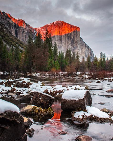 First Snow In Yosemite El Capitan Getting Lit Up Just Before The