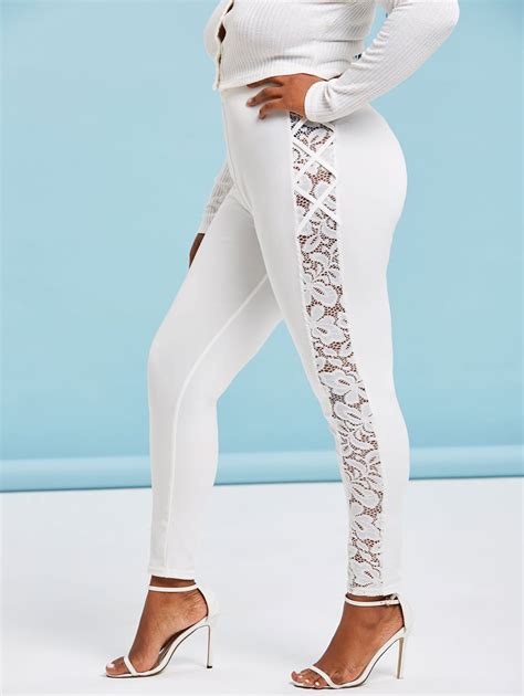 37 Off 2021 Plus Size High Waisted Lace Insert Skinny Leggings In White Dresslily