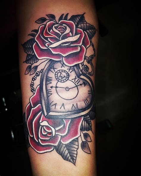 Custom Roses And Heart Shaped Clock Tattoo Tattoos For Guys Clock