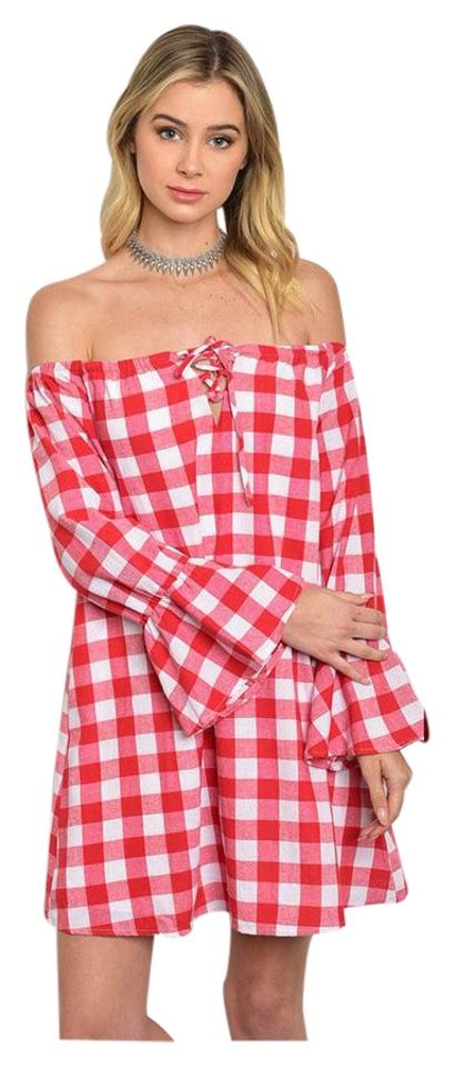 #red dress #checkered dress #white boots #style #clothing #outfit #cool dress #outfit ideas #what to wear. Red and White Checkered New Off Shoulder Poplin Short ...
