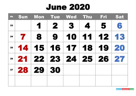 Printable Calendar June 2020 June 2020 Calendar Free Printable