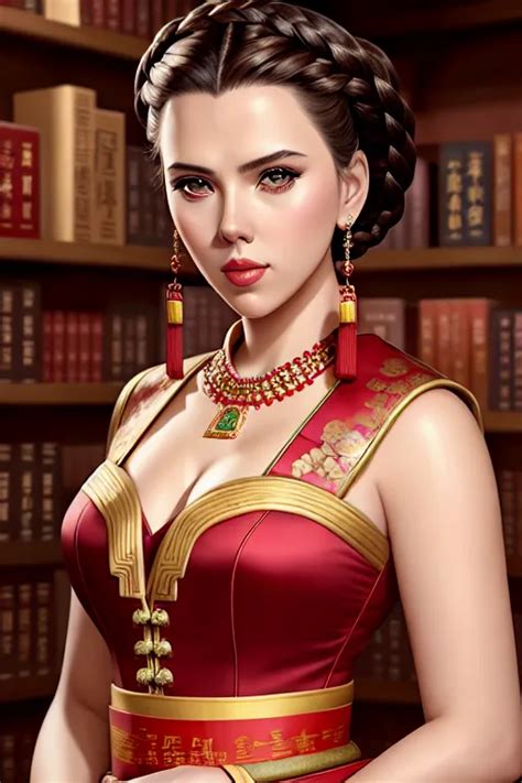 Dopamine Girl A Digital Painting Of Scarlett Johansson Wearing Chinese Costume Kneeing At The