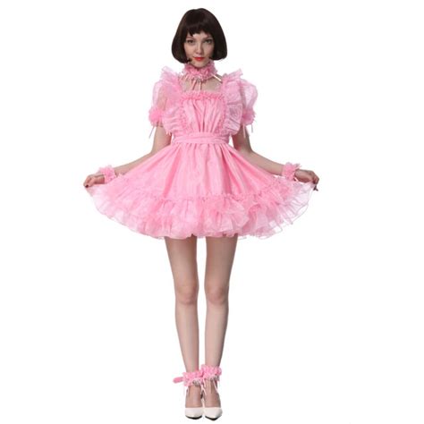 Sissy Girl Maid Square Cut Neckline Organza Pink Puffy Dress Crossdress