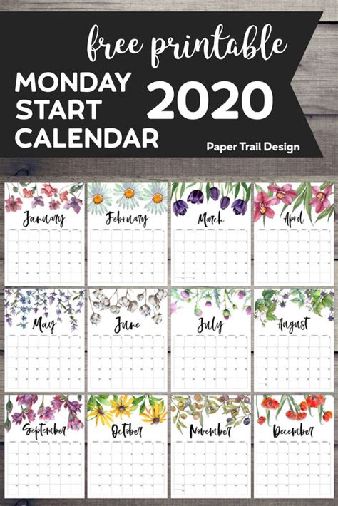 Free Printable 2020 Monday Start Calendar Floral Paper Trail Design