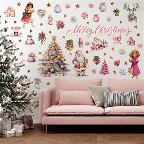 Amazon Com Pink Christmas Wall Decal Merry Christmas Wall Sticker Removable Christmas Tree
