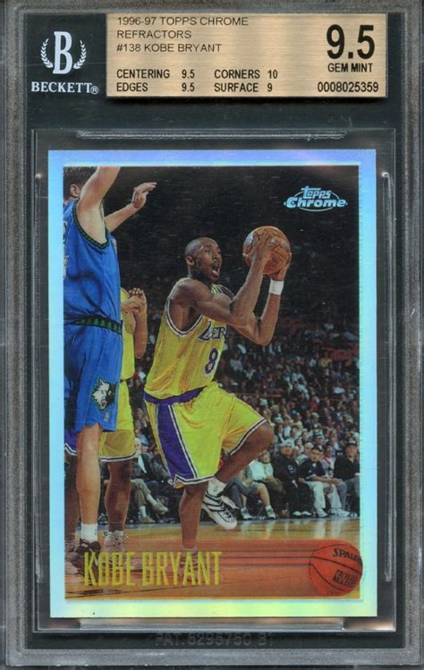This is an original, authentic kobe bryant rookie card produced by topps in 1996. 1996-97 KOBE BRYANT TOPPS CHROME REFRACTOR RC ROOKIE Card #138 BGS 9.5 GEM MINT