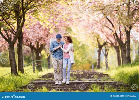 Beautiful Senior Couple In Love Outside In Spring Nature Stock Photo