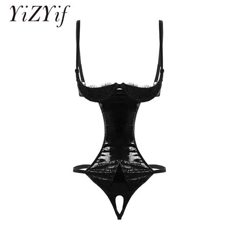 sexy bodysuit women wet look patent leather teddy bodysuit backless and crotchless bodysuit