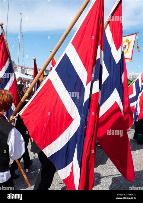 Norwegian Flags In A Parade For Norwegian Constitution Day 17th May
