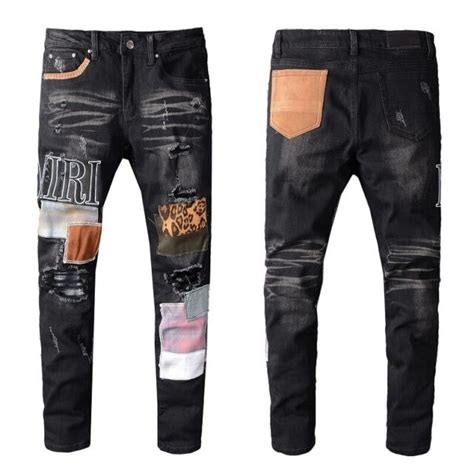 men s embroidery patchwork stretch ripped leopard skinny fit denim black jeans ebay