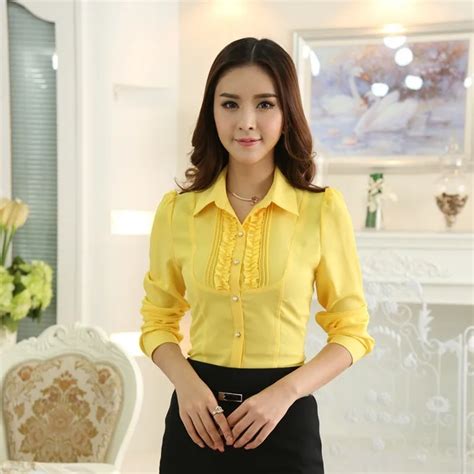 Formal Blouses Women Yellow Shirts 2015 Spring Autumn Female Tops Long