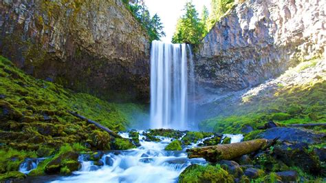 Waterfalls On Rock Pouring On River Water Stream Algae Covered Stones