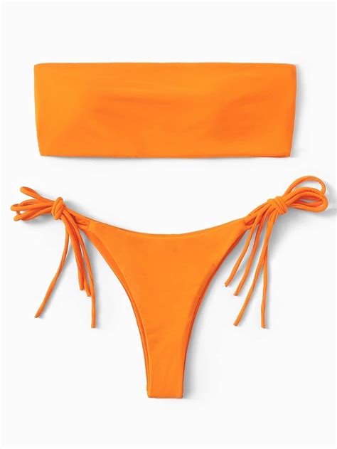 Neon Orange Swimsuit Bandeau Top With Tie Side Bikini Bottom Bikinis