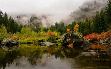 Wallpaper Landscape Forest Fall Mountains Lake Water Nature Red Reflection Green