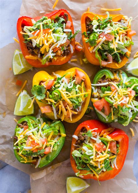 Stuffed with beef crumbles and cheese for only 250 cals and 30g protein for all 3! Skinny Low-Carb Bell Pepper Tacos | Gimme Delicious