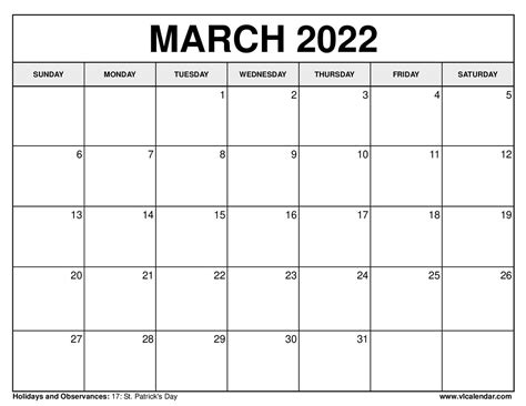 Printable March 2022 Calendar Templates With Holidays Vl Calendar