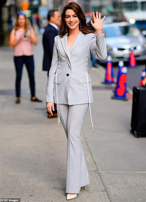 Anne Hathaway Means Business In Sophisticated Lace Up Pantsuit Anne