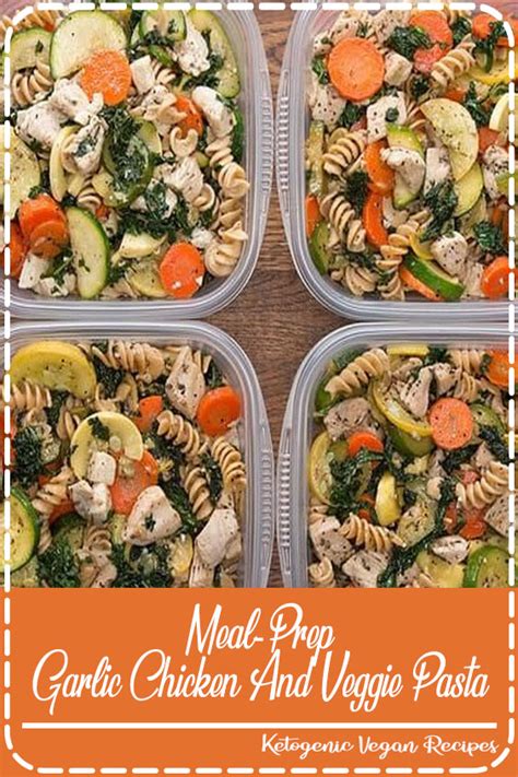 Easy pasta salad (leftover pasta + chopped zucchini/red onion/tomato/bell peppers/ham + salad dressing (roasted garlic, creamy italian, and classic vinaigrette are awesome in this) cashews + dark chocolate chips; Meal-Prep Garlic Chicken And Veggie Pasta - Healthy Food ...