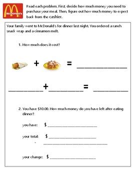 To provide you with plenty of. McDonald's Menu Math by Living Life Skills | Teachers Pay Teachers