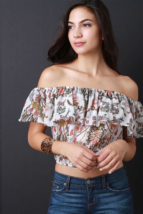 semi sheer off the shoulder floral stems crop top crop top fashion ladies tops fashion crop tops