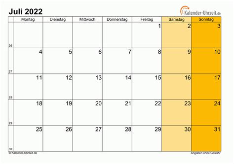 Juli 2022 Kalender Mit Feiertagen