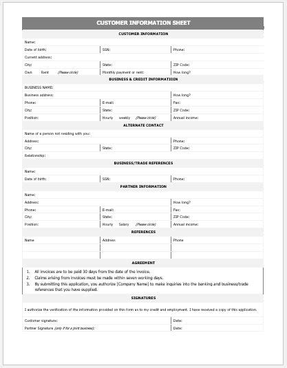 Client Information Sheets SAMPLES Word Excel Templates