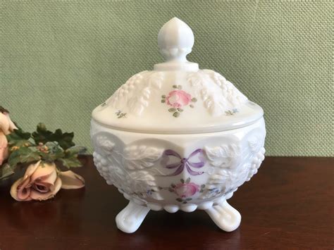 Vintage Milk Glass Candy Dish With Lid Hand Painted Westmoreland Milk