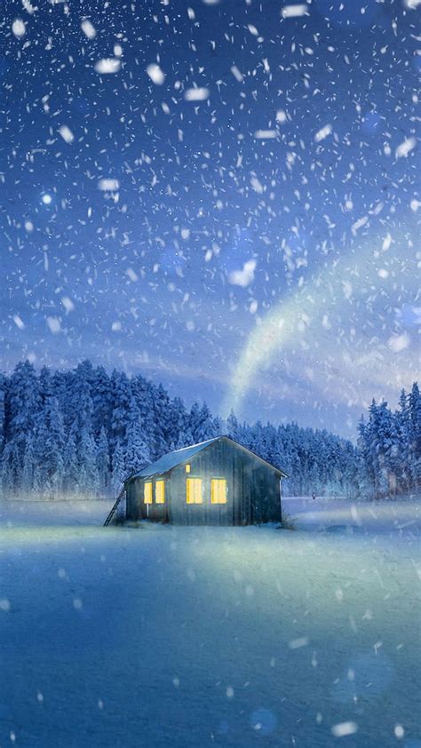 Snowfall House Winter Night Snowing Cabin Nature Snow Hd Phone