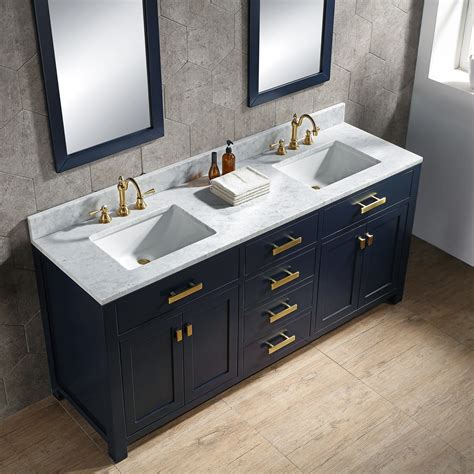 72" Double Sink Carrara White Marble Vanity In Monarch Blue Color