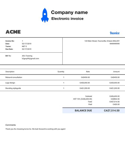 Free Electronic Invoice Template Customize And Send In 90 Seconds