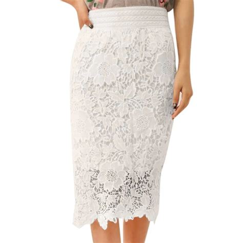 Etek Womens Solid Lace Skirt Pencil Hollow Out White High Waist Skirts Knee Length Slim Midi