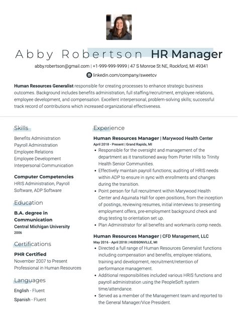 Human Resources Manager Resume Example And Editable Template For Hr