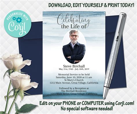 Funeral Invitation Memorial Service Announcement Template Etsy