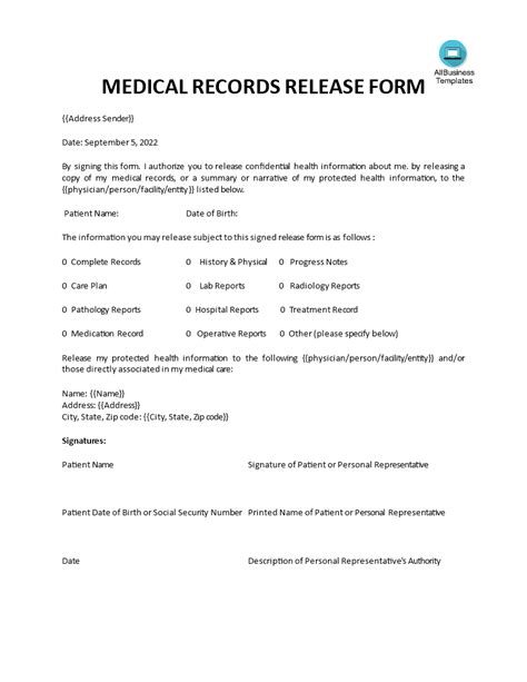Medical Records Release Form Sample Templates At