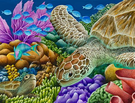 Carolyn Steele Art Print Coral Reef Sea Turtles Glide Path Etsy
