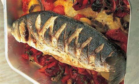 Baked Sea Bass With Roasted Red Peppers Tomatoes Anchovies And Potatoes Recipe Baked Sea