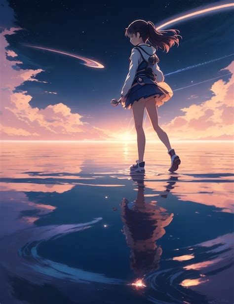 Premium Ai Image Anime Girl Walking On Water Ripples Backdrop Of Dawn