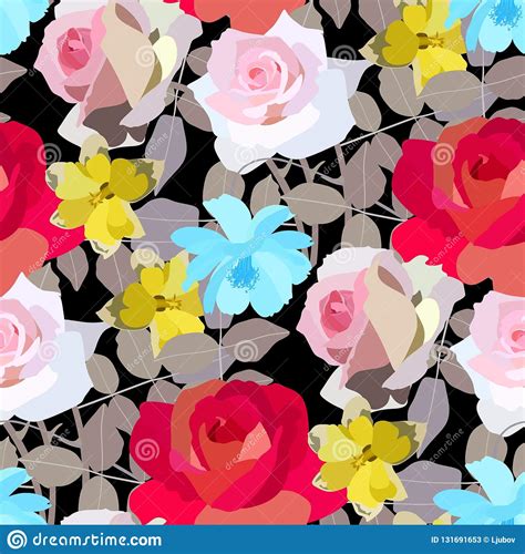 Beautiful Roses Daffodils And Cosmos Flowers Pattern Vector