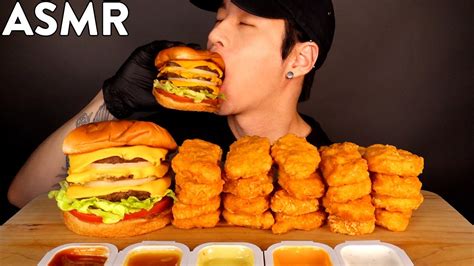 asmr triple cheeseburger and chicken nuggets mukbang no talking eating sounds zach choi asmr