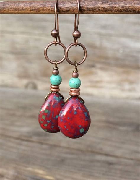 Red Czech Glass Teardrops Antiqued Copper And Turquoise Magnesite