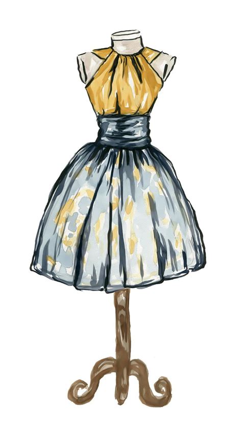 Fashion Art Watercolor Painting Dress Illustration Blue And Yellow