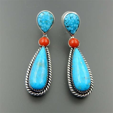 Bright Sterling Silver Handcrafted Turquoise Red Coral Dangle Post