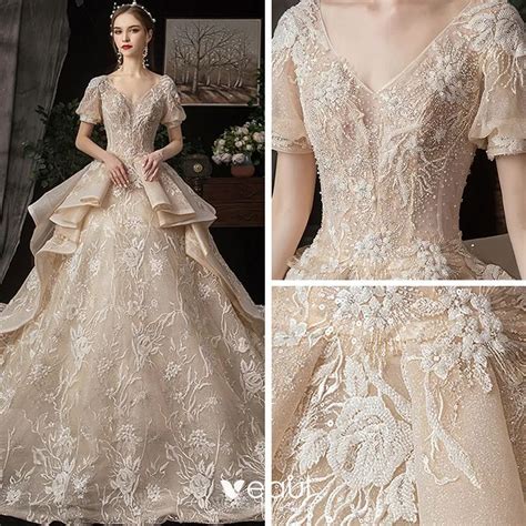 Victorian Style Champagne Wedding Dresses 2020 Ball Gown V Neck Puffy