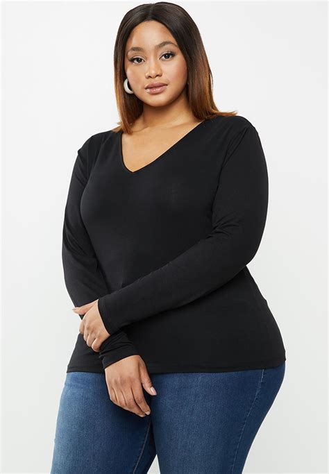 Fitted V Neck Top Plus Black Edit Plus Tops