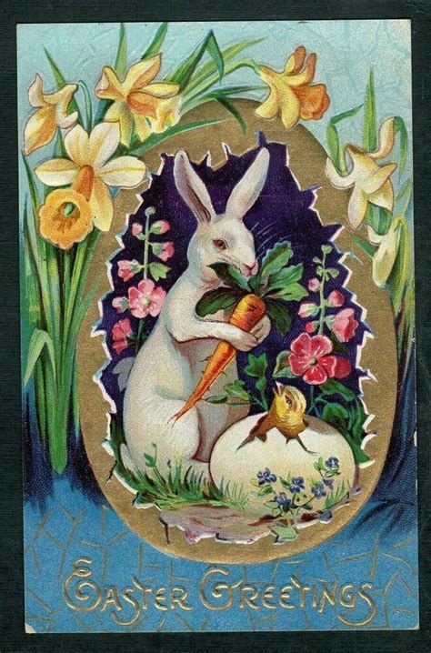 Bunny Rabbit In Egg With Flowers Antique Embossed Easter Postcard K Easter Vintage Easter