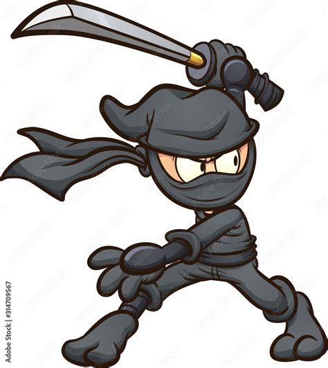 Ninja In Black Garb Striking A Pose With Katana Cartoon Vector Clip
